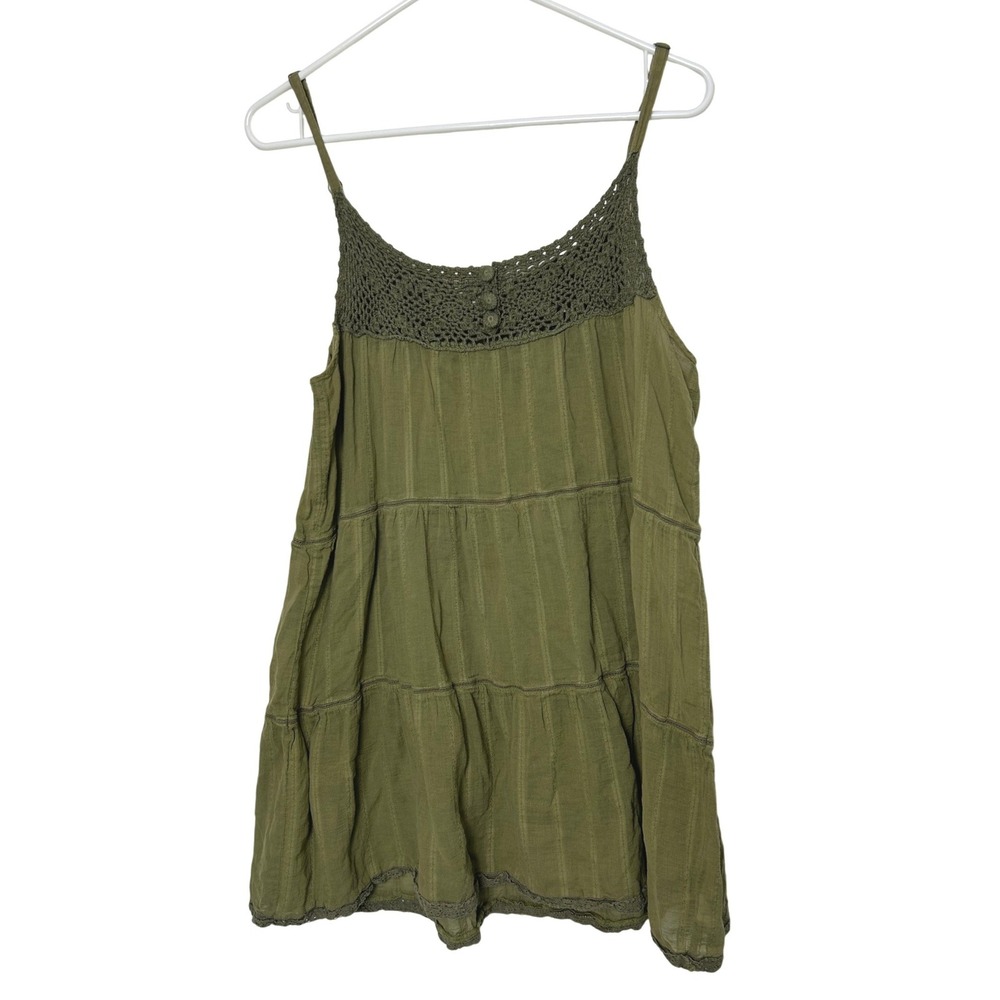 Y2K Heritage 1981 Cami Top Women L Olive Green Crochet Lace Tiered Boho Babydoll
